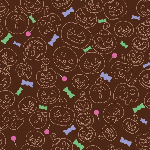 stock vector Brown Line art Halloween pumpkin seamless vector background with funny, scary, and angry faces. Halloween vector pattern with white small pumpkins and sweets.