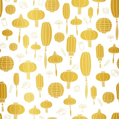 Geleneksel fener desenli altın rengi Çin yeni yıl kutlamaları. Beyaz arka planda geleneksel yeni yıl sembolleri olan farklı Çin fenerleri..