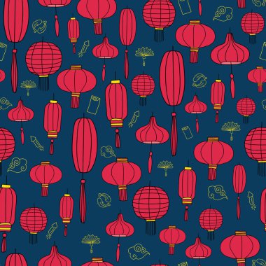 Geleneksel dikişsiz arka plan desenli mavi ve kırmızı Çin yılbaşı kutlamaları. Mavi arka planda geleneksel yeni yıl sembolleri olan farklı Çin fenerleri..