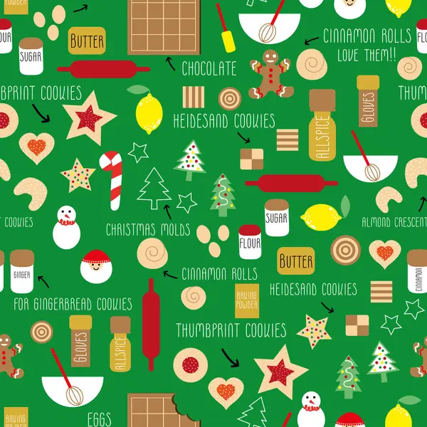 Green Christmas Cookies Vector Pattern Background Gingerbread Kitchen Utensils Ingredients — Stock Vector