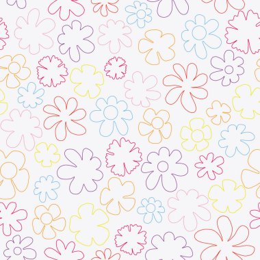 Siyah mutlu ve rengarenk çiçeksiz vektör deseni. Renkli çiçekli çiçek vektör deseni. Renkli çiçekler. Çizgi sanatı papatya kır çiçekleri vektör arkaplanı.