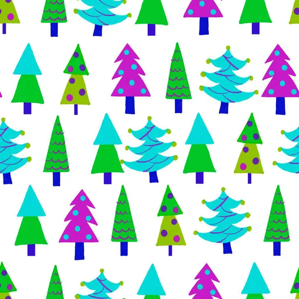 白い背景にクリスマスの装飾が施された明るい松の木 ラスターシームレスなパターン ホリデータイムパターン — ストック写真