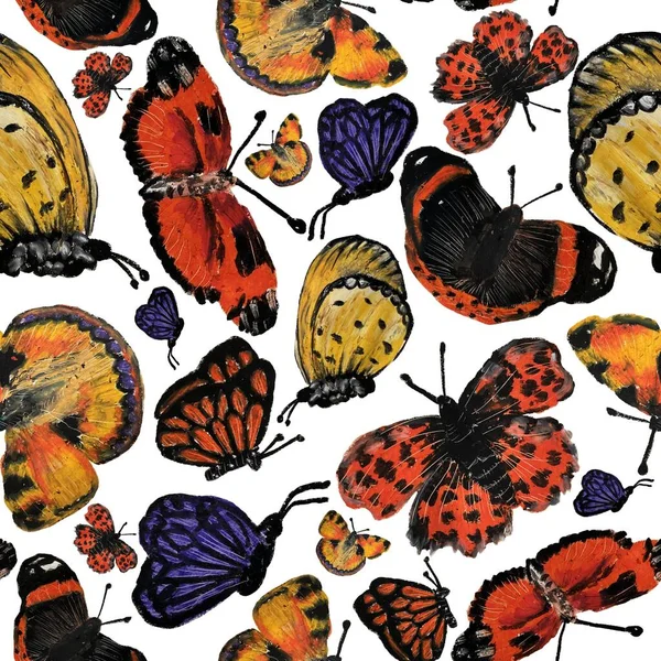 Flying butterflies on white background, raster seamless pattern. Different shapes and colors of butterflies