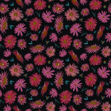 Siyah arka planda çiçek açan küçük bir yer. Raster dikişsiz desen elle çizilmiş. Pembe Aster çiçekleri boyadım. Çiçek deseni