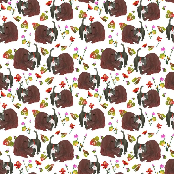 Animal love, Hugging pets with leaves and flowers. Raster pattern. Valentines Day pattern, love and hug Cat and dog