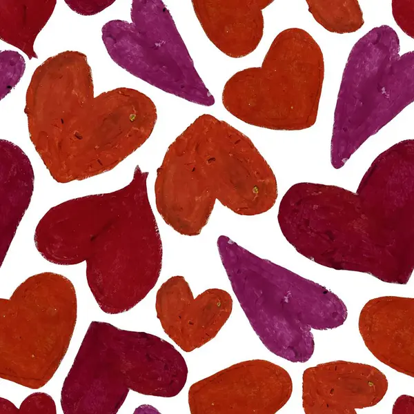 Love you Purple and red hearts on white background, hand drawn with oil pastel. Valentines Day raster seamless pattern. Different shapes of hearts.