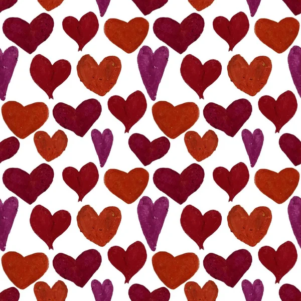 I Love you Purple and red hearts on white background, hand drawn with oil pastels. Valentines Day raster seamless pattern. Different shapes of hearts.