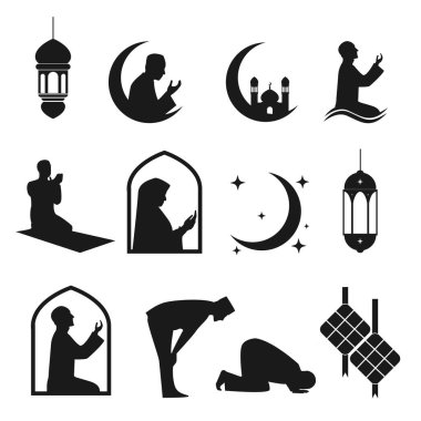 Vector set of ramadan lamps, praying, mosque
