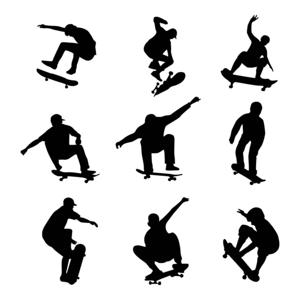 Набор Векторных Силуэтов Скейтбордистов — стоковый вектор