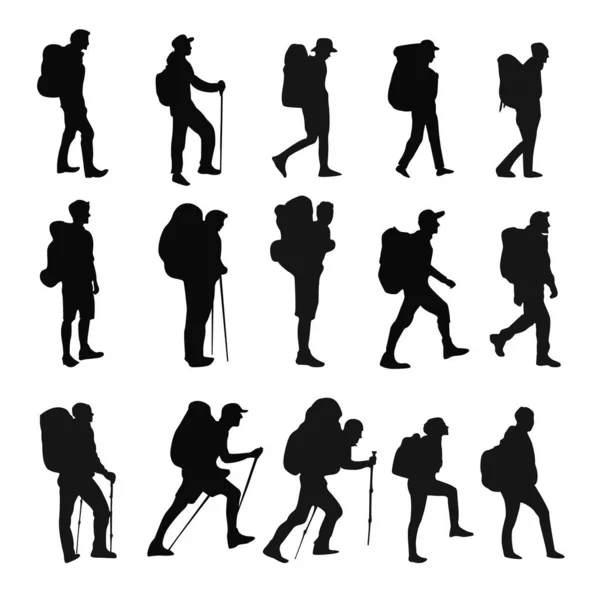 Set Vector Silhouettes Mountaineers Using Backpacks — ストックベクタ