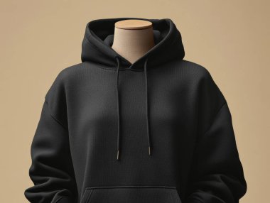 Mockup 3d siyah kapüşonlu manken podyuma yerleştirilmiş, izole edilmiş nötr arka plan.
