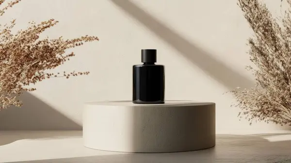 stock image mockup of a plain black perfume bottle neatly placed on a podium on a neutral background