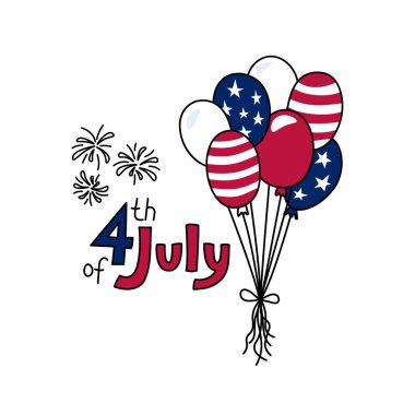 ABD Bağımsızlık Günü 4 Temmuz. Tebrik kartı, poster. Amerika Birleşik Devletleri 'nde balon demeti bayrak renklerinde karalama yapar. Dekoratif el çizimleri ve harflerin vektör çizimi.