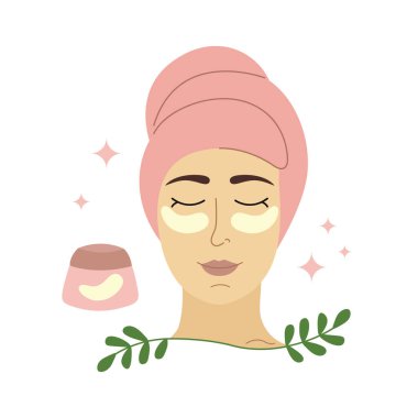 Göz bandı ve kafasında havlu olan bir kadın. Doğal cilt bakımı. Organik kişisel bakım ürünü. Güzellik rutini. Düz vektör illüstrasyonu.