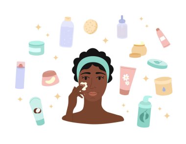 Cilt bakımı. Kişisel bakım ürünleri ve nemlendirici kullanan bir kadın. Cilt rutini. Organik kozmetik konsepti. Bitkisel kozmetik losyon, serum. Düz illüstrasyonların vektör kümesi.