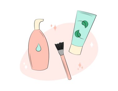 Cilt bakım ürünleri. Doğal organik kozmetik şişesinin bileşimi ve cilt bakımı için tüp, kozmetik fırça. Yüz maskesi ve nemlendirici krem. Şirin düz vektör çizimi.