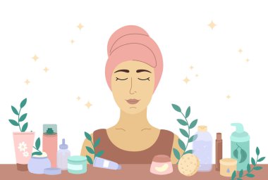 Kadın ve cilt bakımı günlük ruitine. Doğal cilt bakımı. Güzellik ürünleri. Organik kozmetik konsepti. Bitkisel losyon, nemlendirici, serum, göz bandı, temizleyici. Vektör düz resimleme.