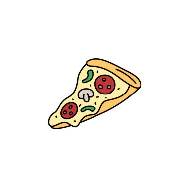 Pizza dilimi karalama elementi izole edildi. Fast food parçasının vektör çizimi. El çizimi şirin renkli karalamalar.