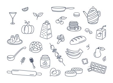 Gıda ve mutfak eşyaları izole elementlerin vektör kümesi. Yemek çizimleri, çatal bıçak koleksiyonu, yemek malzemeleri, mutfak eşyaları. Meyveler, sebzeler, beyaz arka planda fırın.