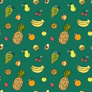 Meyve deseni. Renkli karalama doğal gıda elementleri arka planı. Ananas, elma, böğürtlen, muz ve portakallı çizimler.