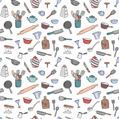 Mutfak karalama kalıbı. Mutfak gereçleri vektör geçmişi. Yemek pişirme aletlerinin güzel çizimleri.