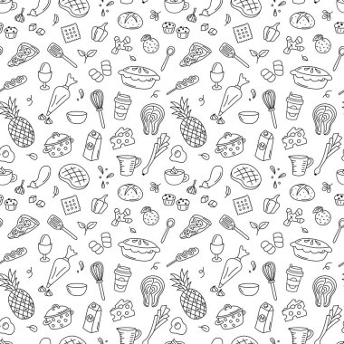 Karalama, siyah-beyaz, kusursuz desen. Mutfak elemanları vektör arka planı. Çatal bıçak, mutfak gereçleri, yiyecek ve yemek malzemeleriyle çizilmiş güzel çizimler. Meyve, sebze, fırın..