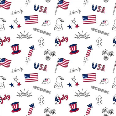 ABD karalama elementleri kusursuz desen. Vector 4 Temmuz arka planında Amerikan sembolleri, Amerikan bayrağı, kartal, şapka var. Tekrarlanan illüstrasyon.