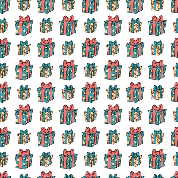 Hediye deseni. Şirin karalama hediye kutularıyla kusursuz bir arkaplan. Noel, yeni yıl, doğum günü ya da paketleme ve kumaş için diğer tatil modelleri. Mevcut karikatür kutusunun özet çizimi.