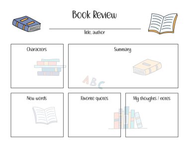 Çocuklar için kitap eleştirisi. Raporlar okunuyor. Şirin karalama tasarımı olan boş bir sayfa. US Harf Kağıdı Boyutu.