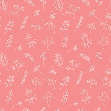Şirin çiçek desenli vektörsüz arka plan. El çizimi çiçek elementleri. Dekoratif bitkiler ve yapraklar tekrarlanan illüstrasyon.