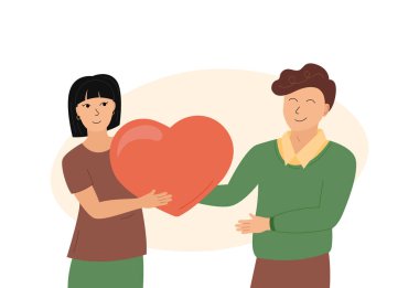 Aşık romantik bir çift. Gülümseyen adama kocaman bir kalp hediye eden bir kadın. Mutlu genç aşıklar. Sevgililer Günü için düz vektör çizimi. İlişki kavramı.