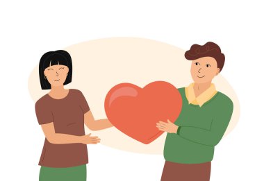 Birbirine aşık bir çift. Romantik ilişki kavramı. Adam gülen kadına kocaman bir kalp hediye ediyor. Mutlu genç aşıklar. Sevgililer Günü için düz vektör çizimi