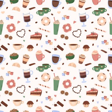 Kahve molası, kusursuz desenli vektör. Basit el çizimleri ile çizilmiş kahve elementleriyle sevimli bir arka plan. Farklı karalama içecekleri ve tatlı atıştırmalıklar.