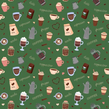 Kusursuz kahve desenli vektör. Basit el çizimleriyle çizilmiş kahve karalaması elementleri olan şirin yeşil bir zemin. Farklı içecekler, hazırlık aletleri. Kapuçino, espresso, frappe ve mocha..
