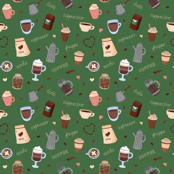 Kusursuz kahve desenli vektör. Basit el çizimleriyle çizilmiş kahve karalaması elementleri olan şirin yeşil bir zemin. Farklı içecekler, hazırlık aletleri. Kapuçino, espresso, frappe ve mocha..