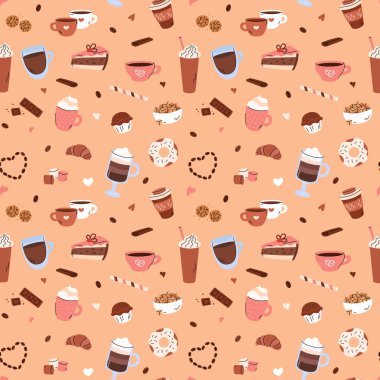 Kahve, pürüzsüz vektör deseni. Tatlı bir arka plan, karalama kahve ve basit el yapımı tatlı yemek elementleri. Farklı içkiler cappuccino, espresso, mocha. Kek, kruvasan, çörek..
