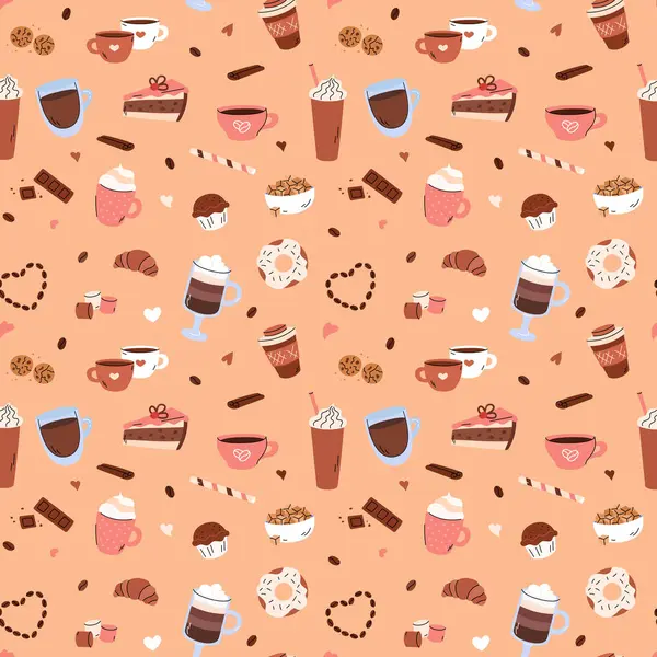 Kahve, pürüzsüz vektör deseni. Tatlı bir arka plan, karalama kahve ve basit el yapımı tatlı yemek elementleri. Farklı içkiler cappuccino, espresso, mocha. Kek, kruvasan, çörek..