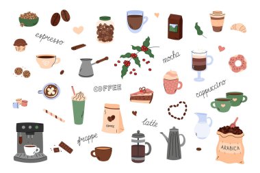Kahve molası vektör karalaması ayarlandı. Sabah kahveli kapuçino, espresso, frappe ve mocha. Sevimli çizgi film tasarım elementleri. Basit el çizimleri çizimleri. Farklı karalama içecekleri, aletler..