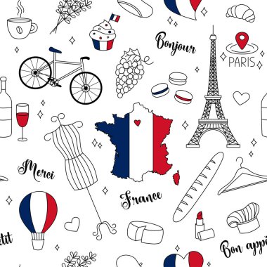 Fransa kusursuz bir desen çiziyor. Vektör arkaplanı. Beyaz arka fona Fransız sembolleri çizen sevimli el yazısı. Eyfel Kulesi, ülke haritası, bayrak ve diğerleri. Ulusal simgeler.