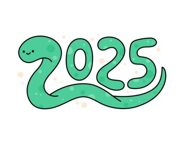 Yılan 2025 'in sembolü. Şirin çizgi film yeşil yılanı gülümsüyor. Sevimli karalama karakteri. Vektör çizimi. 2025 numara Çin burcu, doğu burcu takvimi.