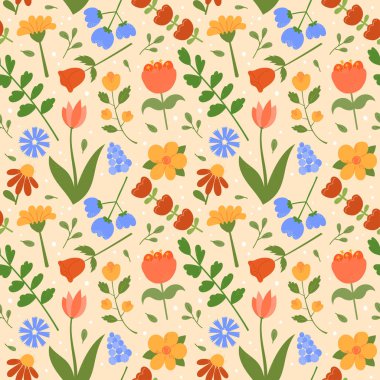 Çiçek deseni. Şirin çiçek vektörü kusursuz arka plan. Çiçeksel botanik elementlerin ve yaprakların tekrarlanması. El çizimi doğal çayır nesne deseni.