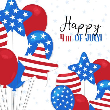 Mutlu 4 Temmuz kutlamaları. ABD Bağımsızlık Günü vektör illüstrasyonu. Amerikan bayraklı balonlar yıldız ve çizgili. ABD bayramı 4 Temmuz kutlama posteri