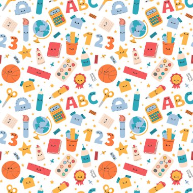 Okul vektör modeli. Tuhaf eğitici unsurları olan kusursuz bir geçmişi var. Okul malzemeleri, aksesuarlar, aletler. Ofis kırtasiyesi illüstrasyonu tekrarlıyor