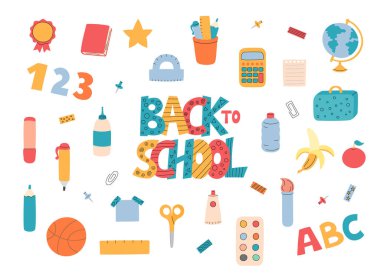 Okul vektör kümesine geri dönüyoruz. Hoş, komik eğitim malzemeleri. Mektup ve ofis malzemeleri. Renkli el çizimi karalama çizimleri koleksiyonu.