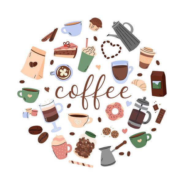Coffee vector doodles set. Round design. Circle shaped illustration of morning coffee mug cappuccino, espresso, frappe and mocha, different beverages and desserts. Cute simple hand drawn elements.