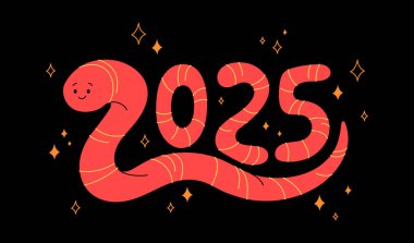 2025 Yılan sembolü. Renkli karalama elementleri olan sevimli gülen yılan. Sevimli yeni yıl karakteri. Vektör çizimi. 2025 numara Çin burcu, doğu burcu takvimi.