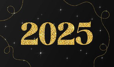 2025 Glitter altın rakamları. Parlak 2025 Yeni Yıl parlayan rakamları siyah arkaplanda izole edildi.
