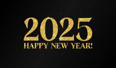 2025 Altın Parıltı numarası. Parlak zarif 2025 parlayan rakam koyu arkaplanda izole edilmiş. Yeni yılınız kutlu olsun. Vektör illüstrasyonu.