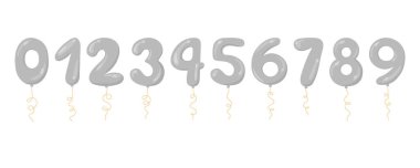 Balon numaraları vektör seti. Düz stil helyum balonları. Beyaz arka planda gümüş renkli. Doğum günü, satış, yıldönümü tasarımları için dizgi üzerinde 0 'dan 9' a kadar şişirilebilir haneler.