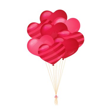 Kalp şeklindeki balonlar izole edilmiş. Vektör çizimi. Sevgililer Günü için romantik unsurlar, düğün, tarih tasarımlarını sakla. Bağlı helyum kırmızı kalp balonları.